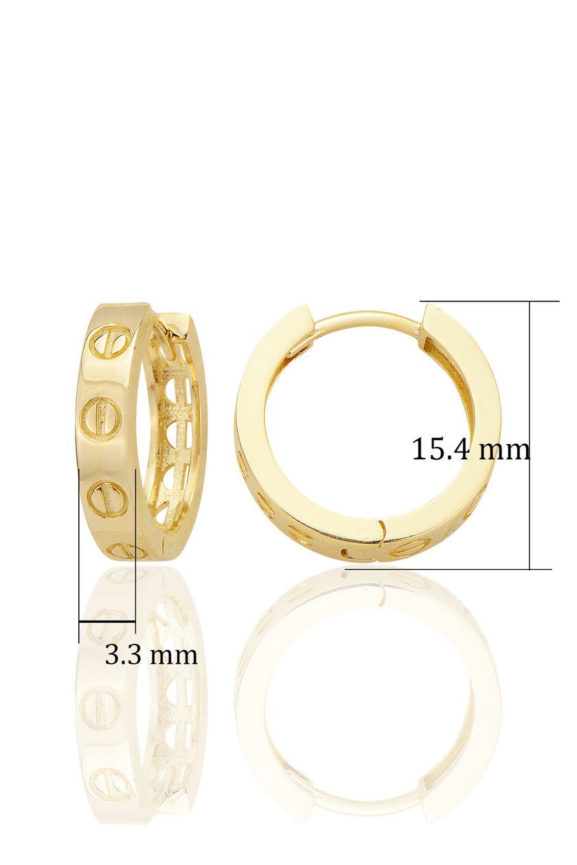 14 Ayar Altın Vİda İşlemeli Stud Huggie Sade Küpe D039