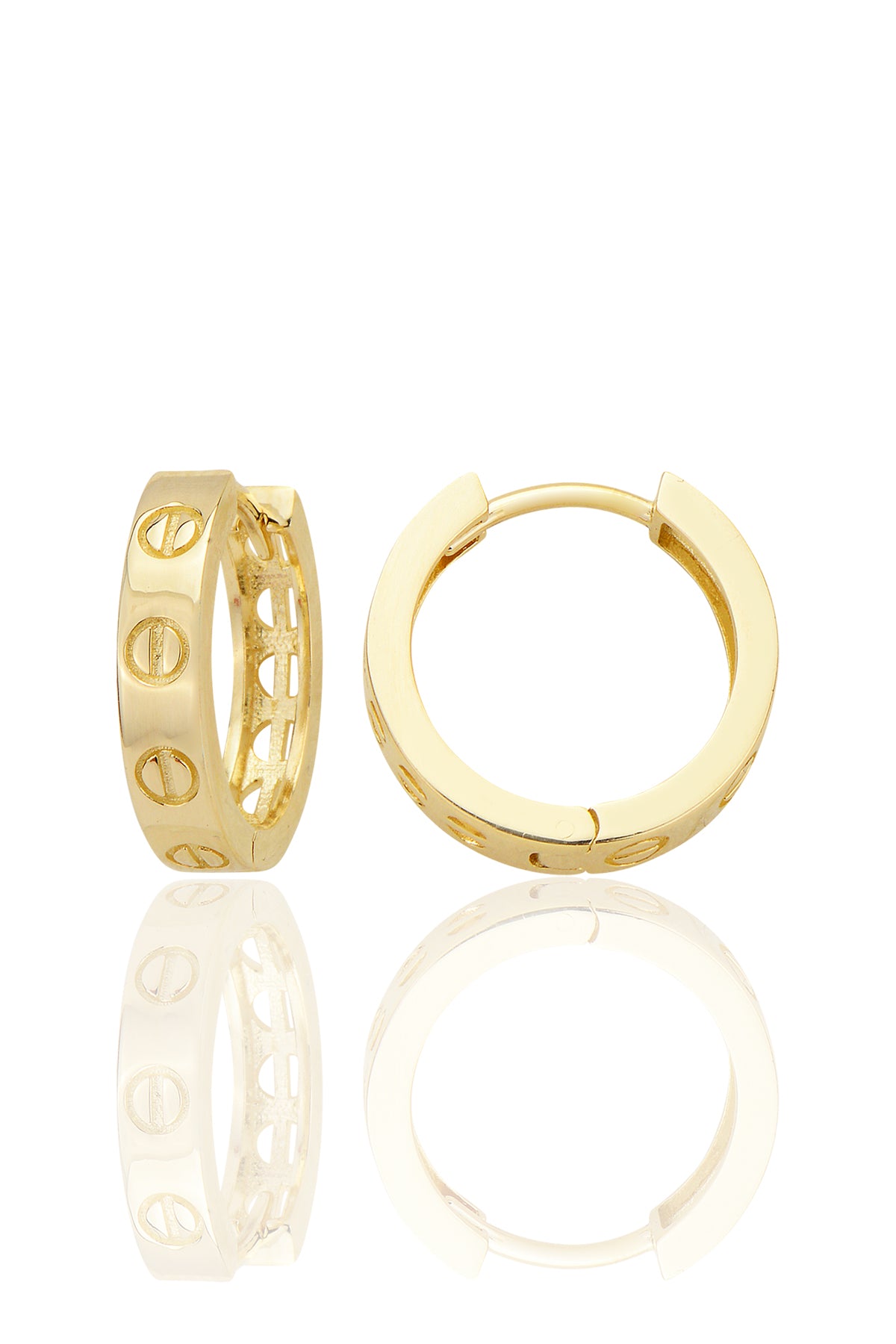 14 Ayar Altın Vİda İşlemeli Stud Huggie Sade Küpe D039