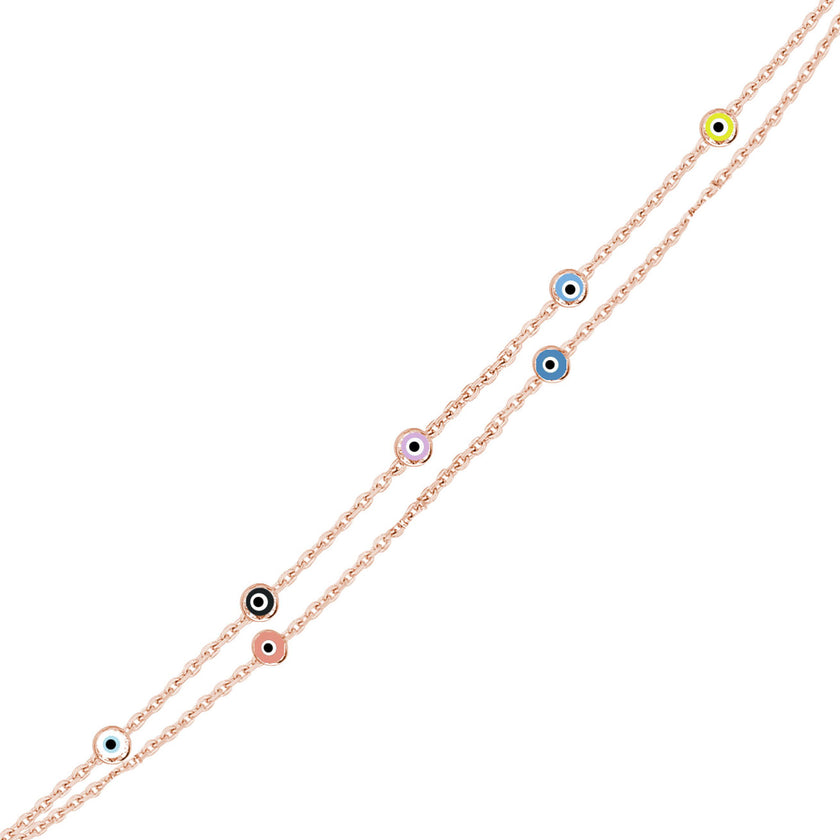 Rengarenk Gözlü İnce İkili Zincirli Bileklik SS2NZBR