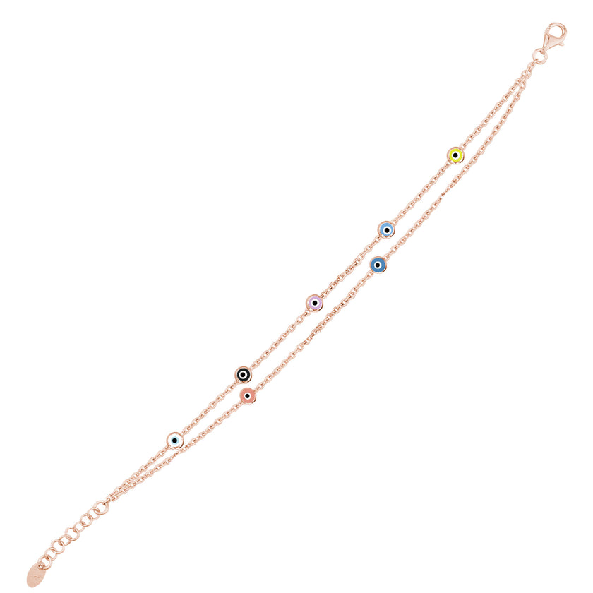 Rengarenk Gözlü İnce İkili Zincirli Bileklik SS2NZBR