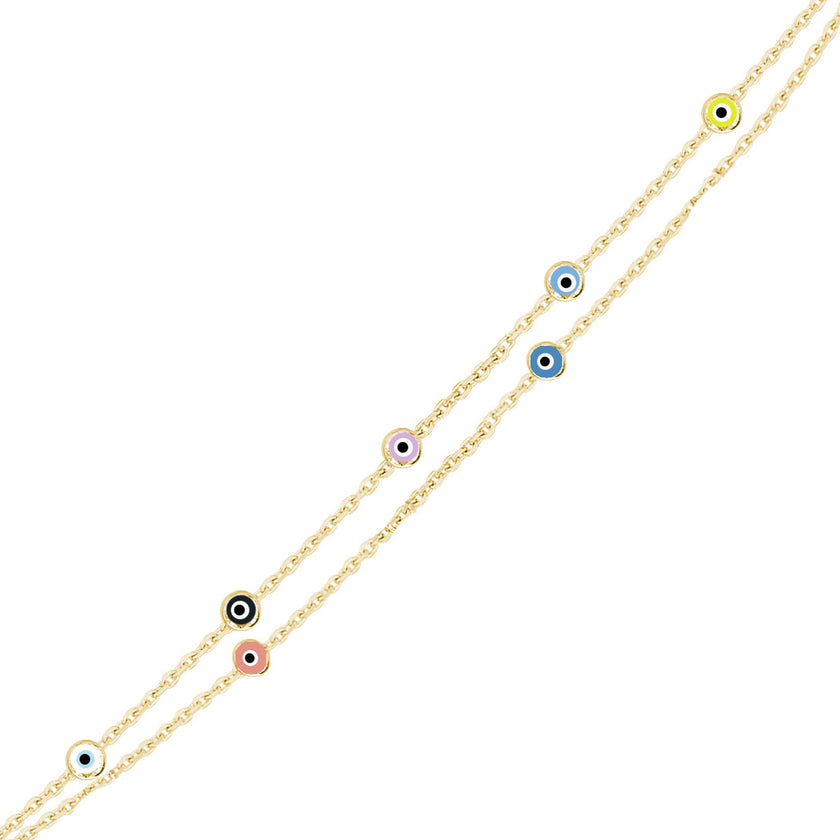 Rengarenk Gözlü İnce İkili Zincirli Bileklik SS2NZBR