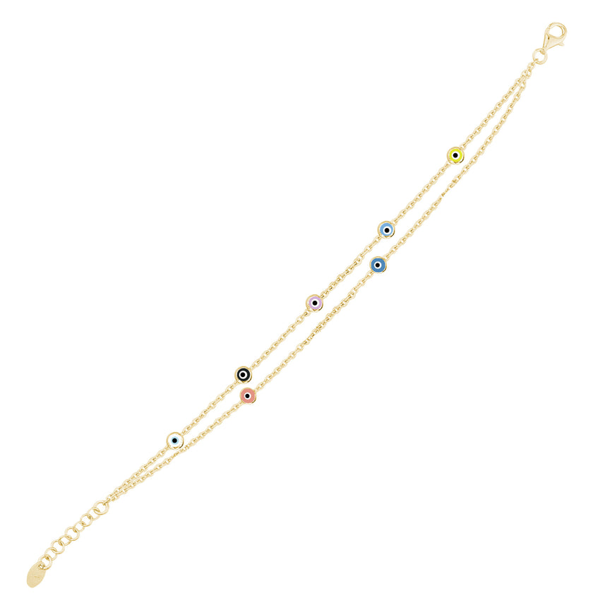 Rengarenk Gözlü İnce İkili Zincirli Bileklik SS2NZBR