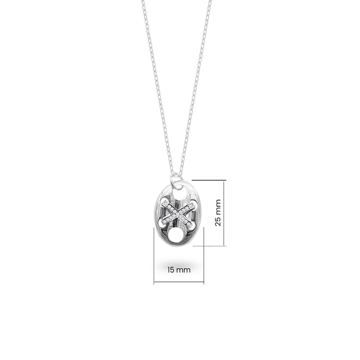 Büyük Badem Düğme Gümüş Kolye Zirkon Taşlı 925 Ayar