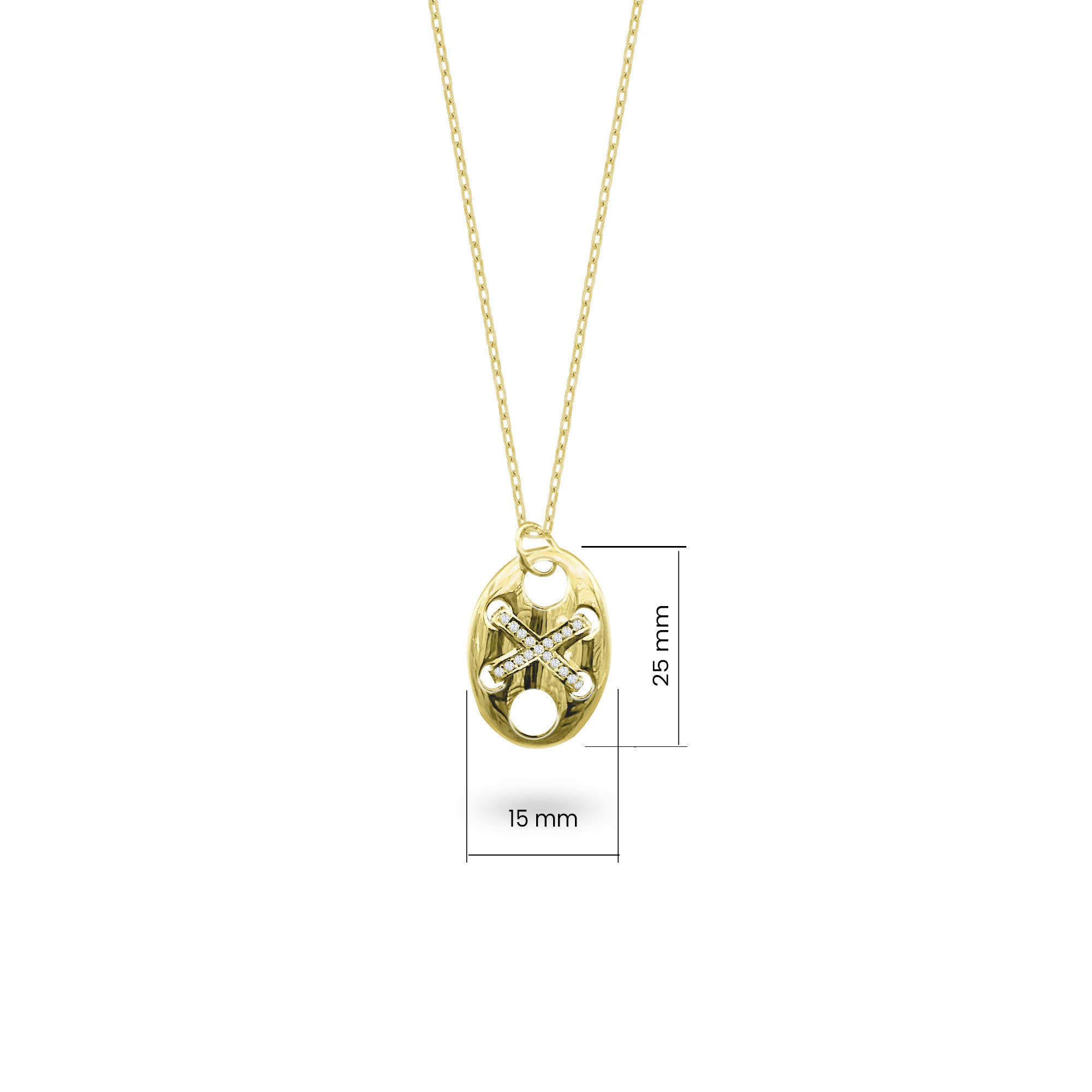 Büyük Badem Düğme Gümüş Kolye Zirkon Taşlı 925 Ayar