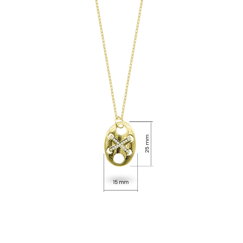 Büyük Badem Düğme Gümüş Kolye Zirkon Taşlı 925 Ayar