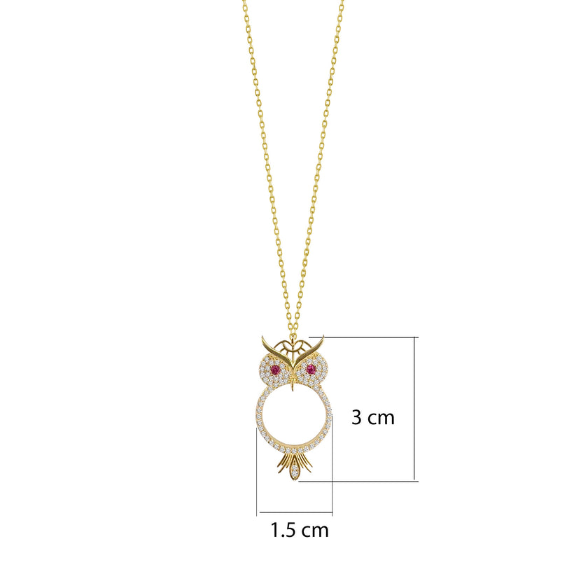 Baykuş Gümüş Kolye Kırmızı Taşlı Göz Detayı 925 Ayar Gümüş