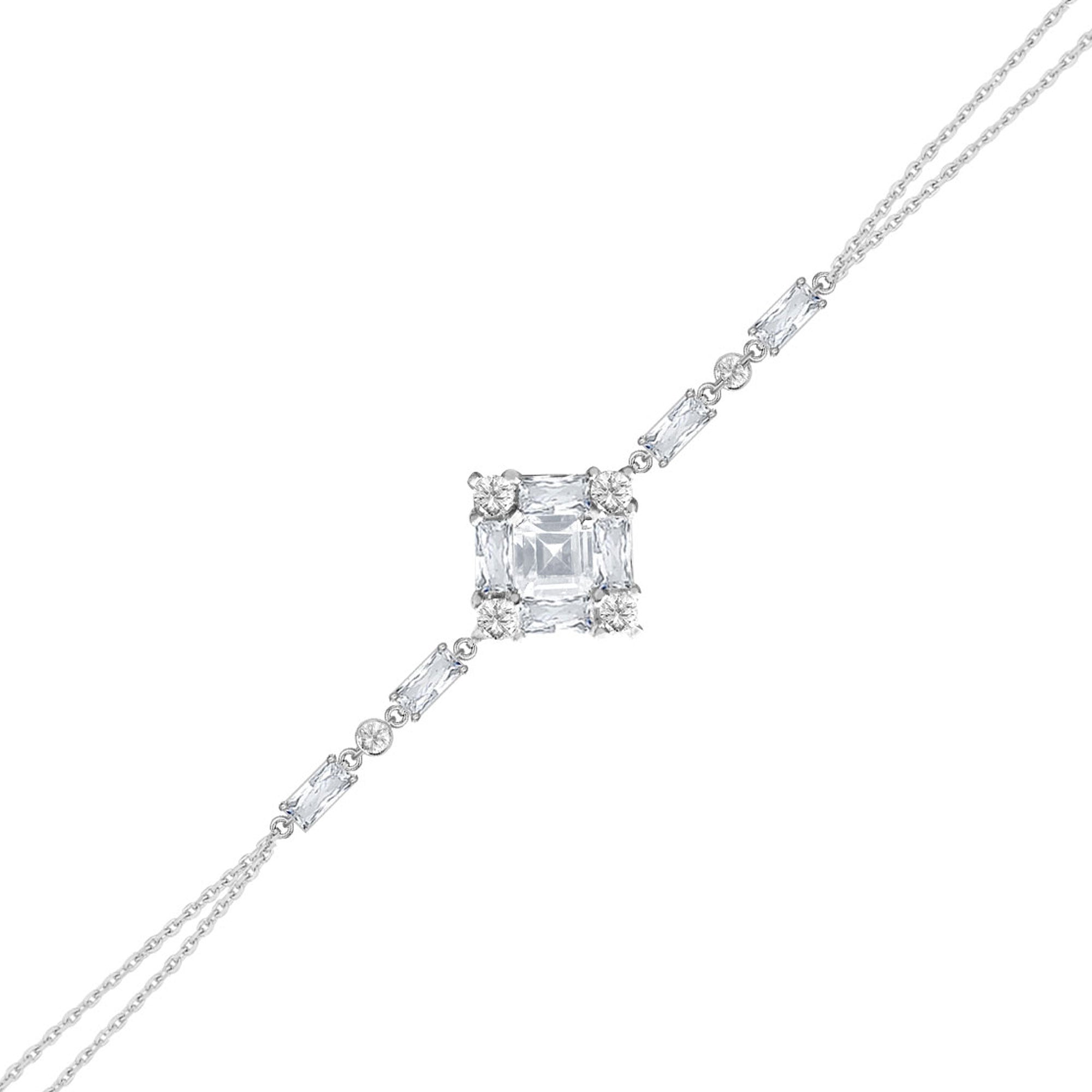 Gümüş Kare Formlu Baget Bileklik Çift Zincirli Zirkon Taşlı SSBGTBL02