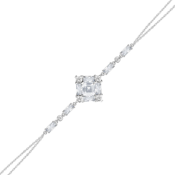 Gümüş Kare Formlu Baget Bileklik Çift Zincirli Zirkon Taşlı SSBGTBL02