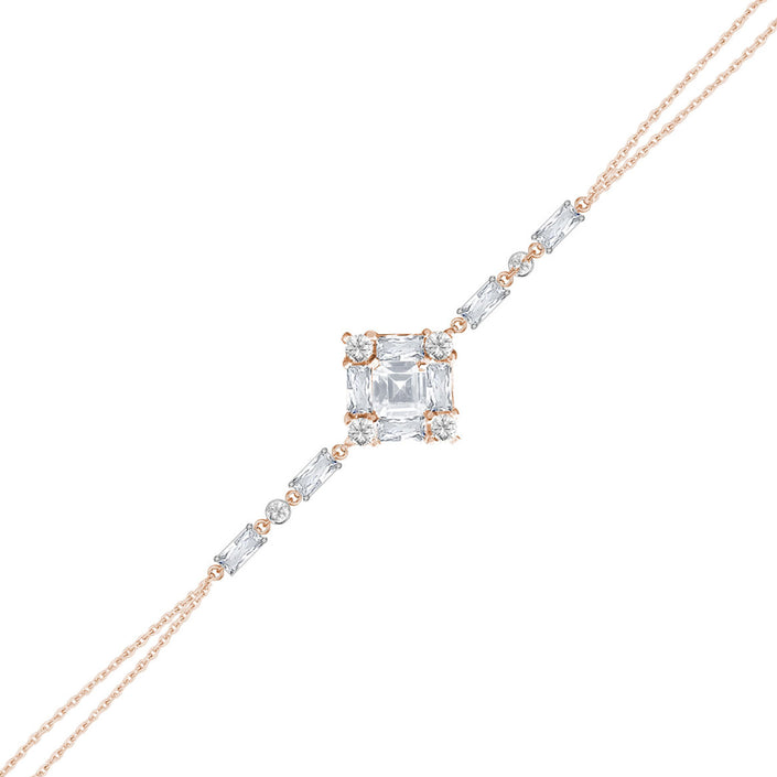 Gümüş Kare Formlu Baget Bileklik Çift Zincirli Zirkon Taşlı SSBGTBL02