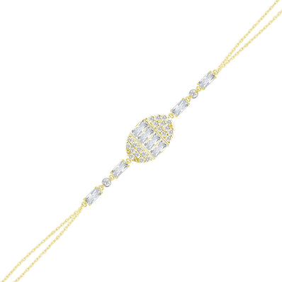 Gümüş Oval Formlu Baget Bileklik Çift Zincirli Zirkon Taşlı SSBGTBL03