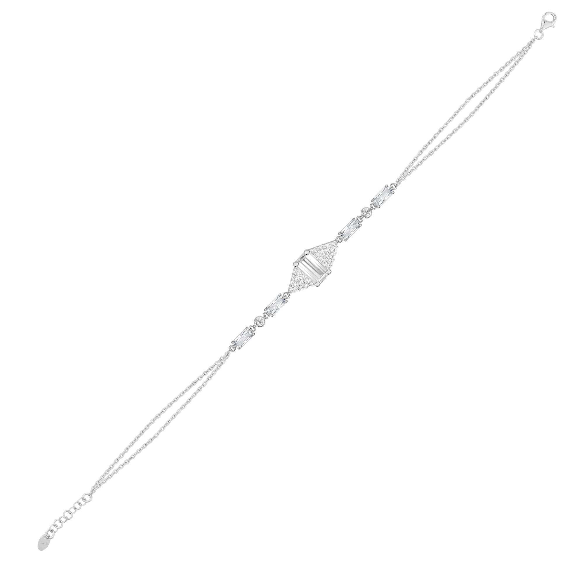 Gümüş Baget Bileklik Çift Zincirli Zirkon Taşlı Tasarım SSBGTBL04