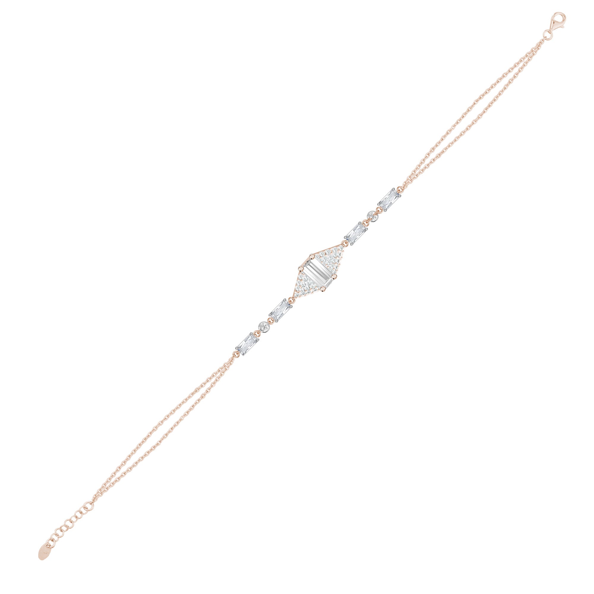 Gümüş Baget Bileklik Çift Zincirli Zirkon Taşlı Tasarım SSBGTBL04