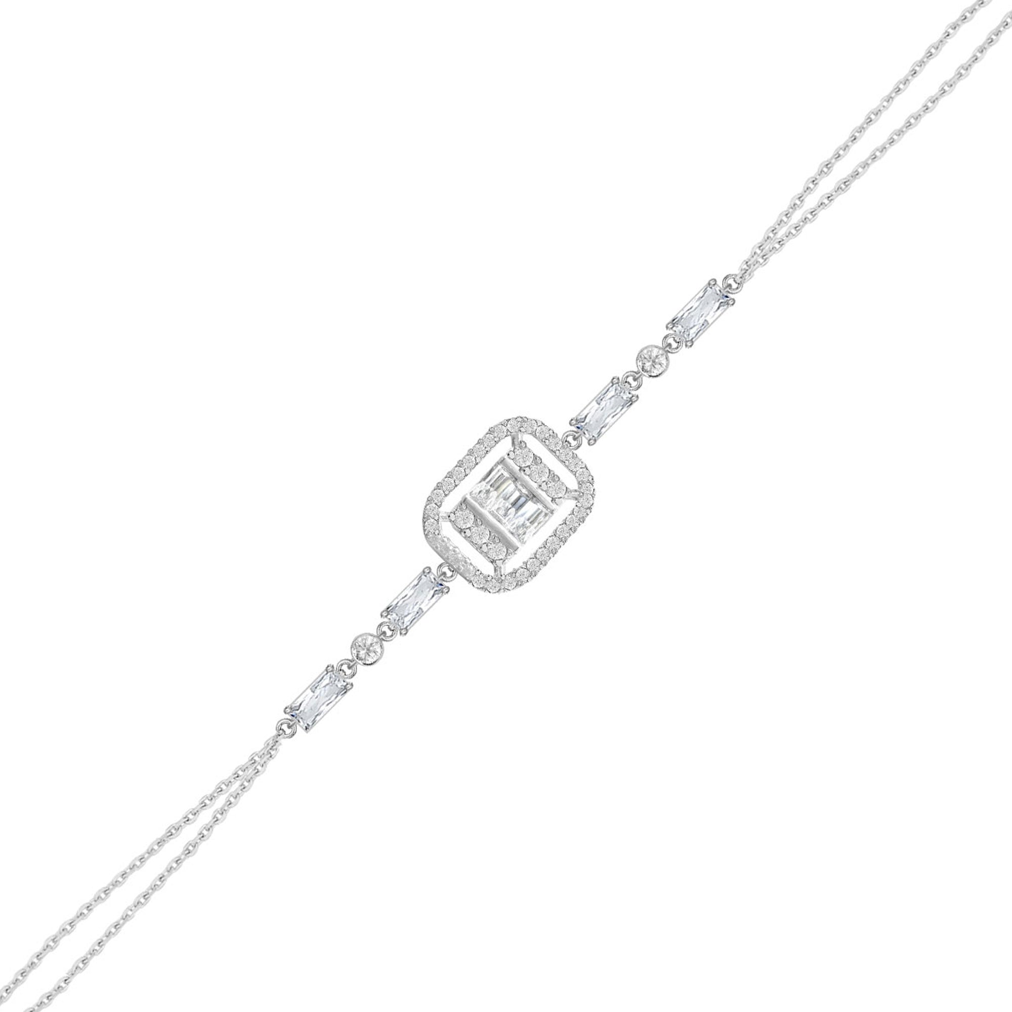 Gümüş Baget Bileklik Çift Zincirli Zirkon Taşlı SSBGTBL05