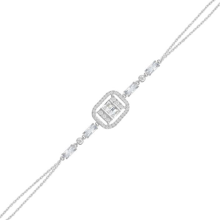 Gümüş Baget Bileklik Çift Zincirli Zirkon Taşlı SSBGTBL05