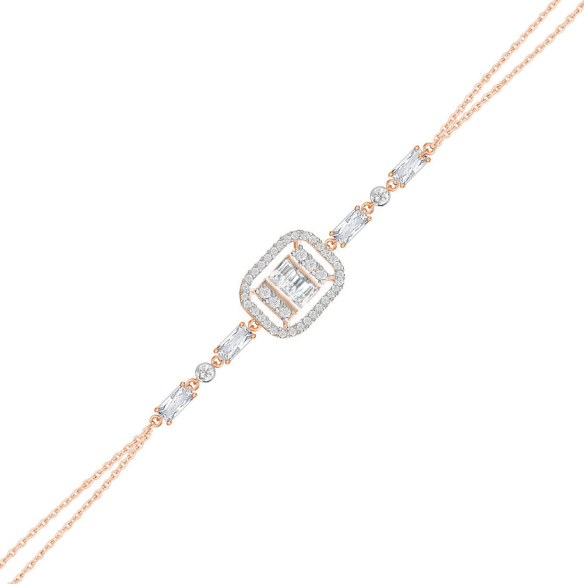 Gümüş Baget Bileklik Çift Zincirli Zirkon Taşlı SSBGTBL05