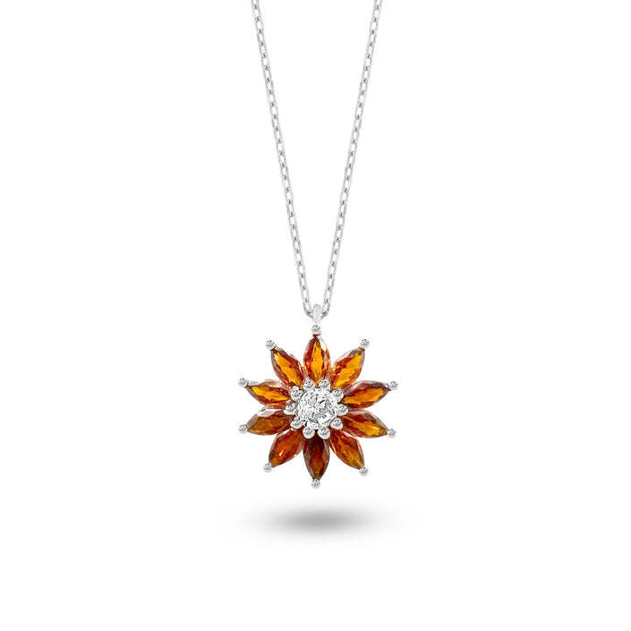 Citrine Doğal Taşlı Çiçek Gümüş Sitrin Kolye 925 Ayar SSÇİÇEKK3