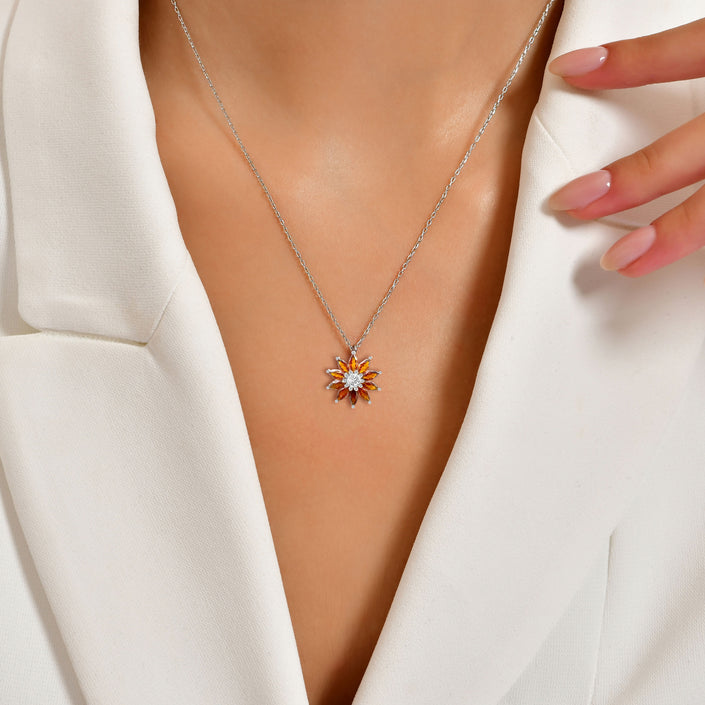 Citrine Doğal Taşlı Çiçek Gümüş Sitrin Kolye 925 Ayar SSÇİÇEKK3