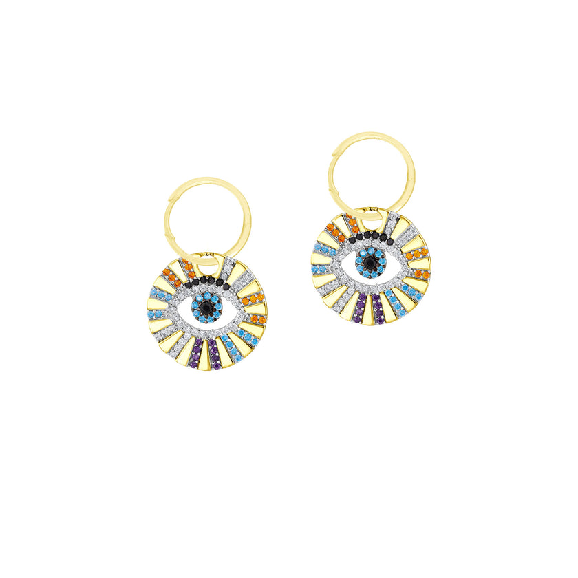 Renkli Taşlı Göz 925 Ayar Gümüş Huggie Küpe SSEGN004