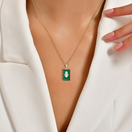 Malahit Taşlı Dikdörtgen Plaka Kolye, Fatmanın Eli Tasarımı, 925 Ayar Gümüş, Şık Takı Hediye, Şans Getiren Tasarım