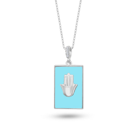 Turkuaz Taşlı Dikdörtgen Plaka Kolye, Fatmanın Eli Tasarımı, 925 Ayar Gümüş, Şık Takı Hediye, Şans Getiren Tasarım