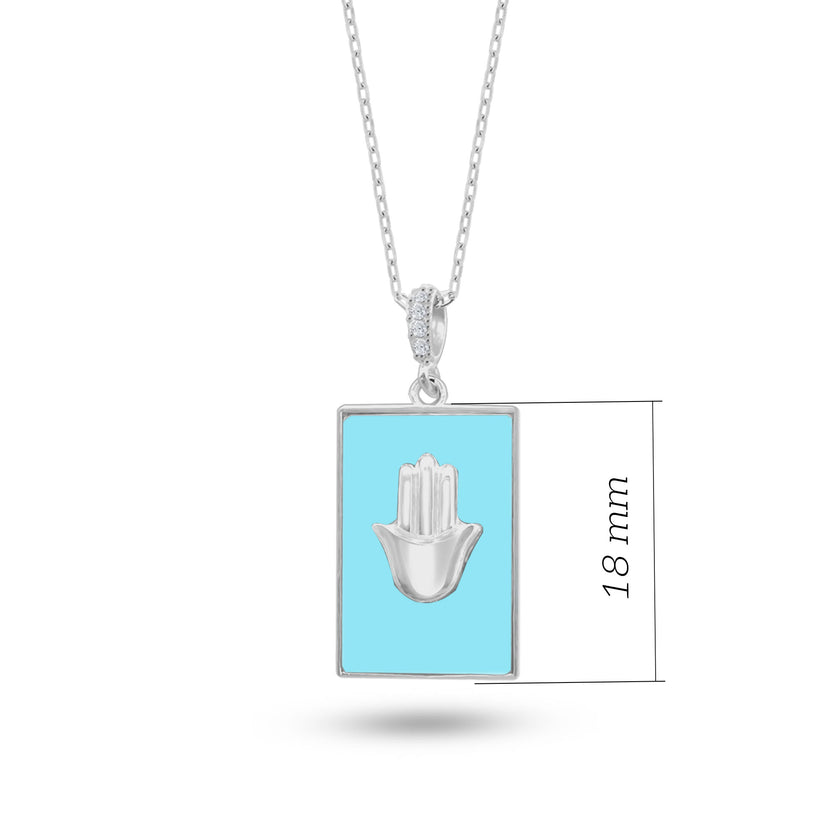 Turkuaz Taşlı Dikdörtgen Plaka Kolye, Fatmanın Eli Tasarımı, 925 Ayar Gümüş, Şık Takı Hediye, Şans Getiren Tasarım