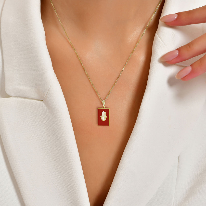 Akik Taşlı Dikdörtgen Plaka Kolye, Fatmanın Eli Tasarımı, 925 Ayar Gümüş, Şık Takı Hediye, Şans Getiren Tasarım