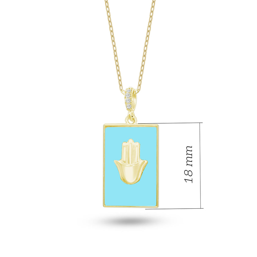 Turkuaz Taşlı Dikdörtgen Plaka Kolye, Fatmanın Eli Tasarımı, 925 Ayar Gümüş, Şık Takı Hediye, Şans Getiren Tasarım