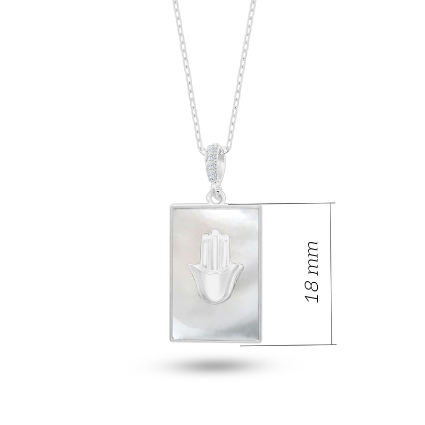 Doğal Sedef Taşlı Dikdörtgen Plaka Kolye, Fatmanın Eli Tasarımı, 925 Ayar Gümüş, Şık Takı Hediye, Şans Getiren Tasarım