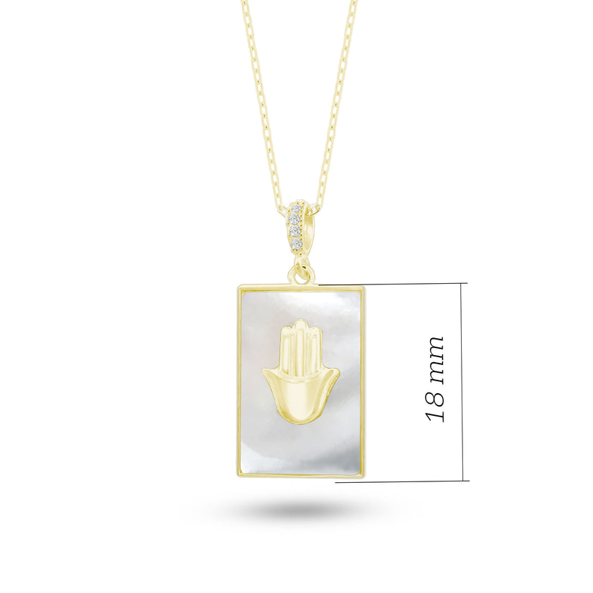 Doğal Sedef Taşlı Dikdörtgen Plaka Kolye, Fatmanın Eli Tasarımı, 925 Ayar Gümüş, Şık Takı Hediye, Şans Getiren Tasarım