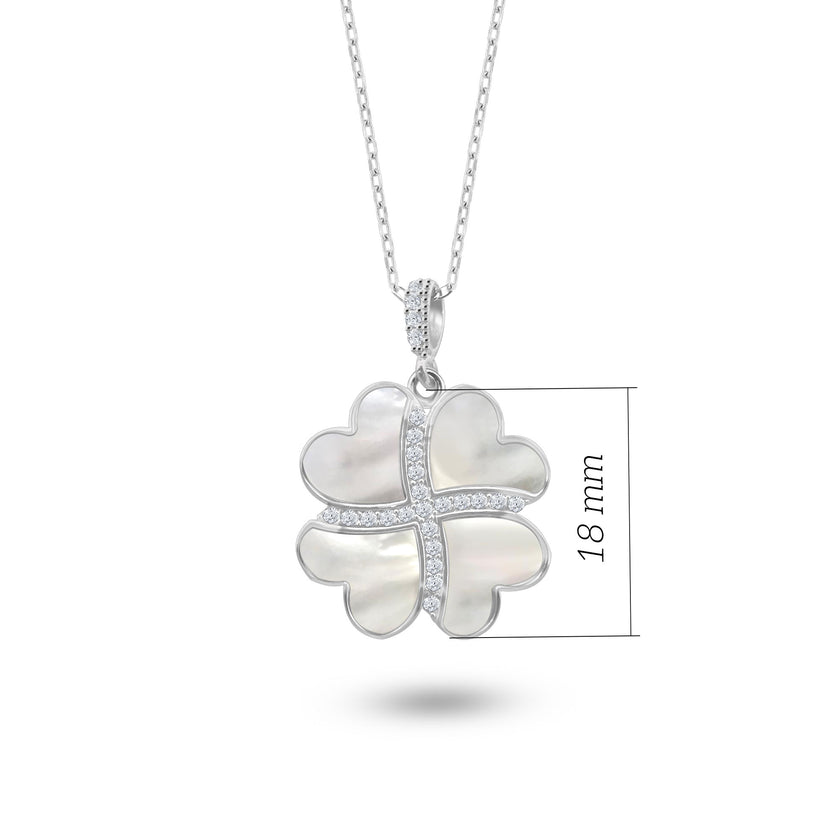 Gümüş Kalp Yonca Kolye, Doğal Sedef Taşlı Kolye Ucu, 925 Ayar Gümüş, Şık Takı Hediye, Şans Getiren Tasarım