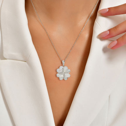 Gümüş Kalp Yonca Kolye, Doğal Sedef Taşlı Kolye Ucu, 925 Ayar Gümüş, Şık Takı Hediye, Şans Getiren Tasarım