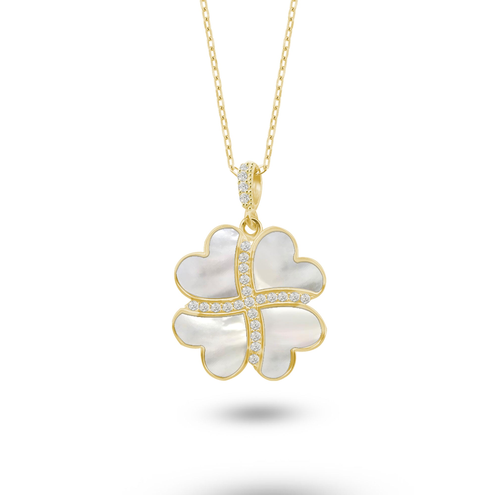 Gümüş Kalp Yonca Kolye, Doğal Sedef Taşlı Kolye Ucu, 925 Ayar Gümüş, Şık Takı Hediye, Şans Getiren Tasarım