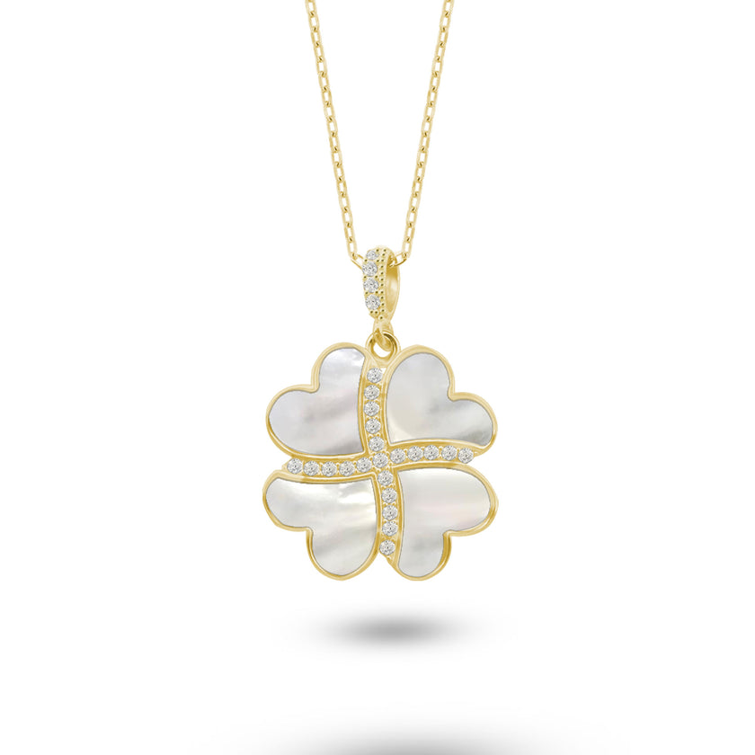 Gümüş Kalp Yonca Kolye, Doğal Sedef Taşlı Kolye Ucu, 925 Ayar Gümüş, Şık Takı Hediye, Şans Getiren Tasarım