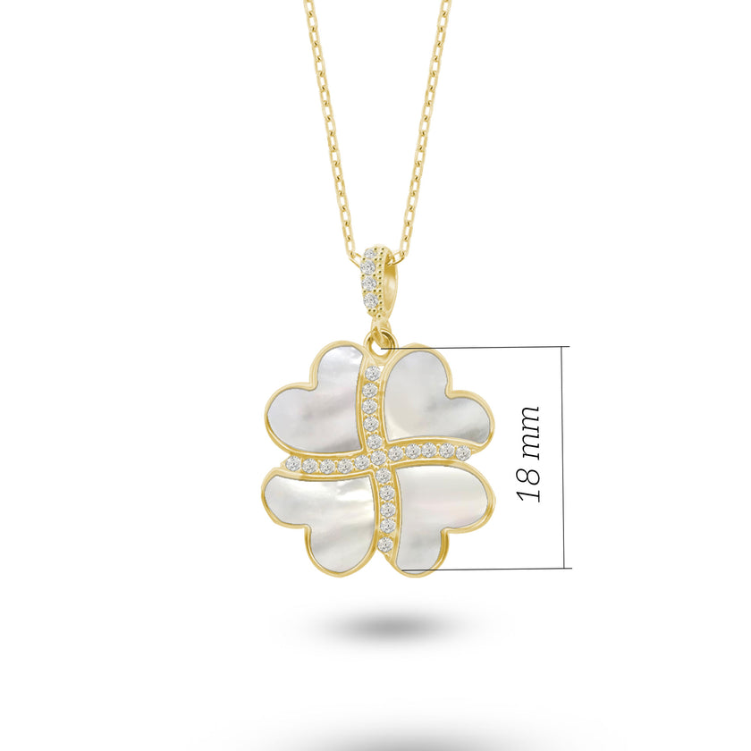 Gümüş Kalp Yonca Kolye, Doğal Sedef Taşlı Kolye Ucu, 925 Ayar Gümüş, Şık Takı Hediye, Şans Getiren Tasarım