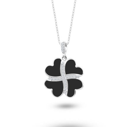 Gümüş Kalp Yonca Kolye, Onyx Taşlı Kolye Ucu, 925 Ayar Gümüş, Şık Takı Hediye, Şans Getiren Tasarım