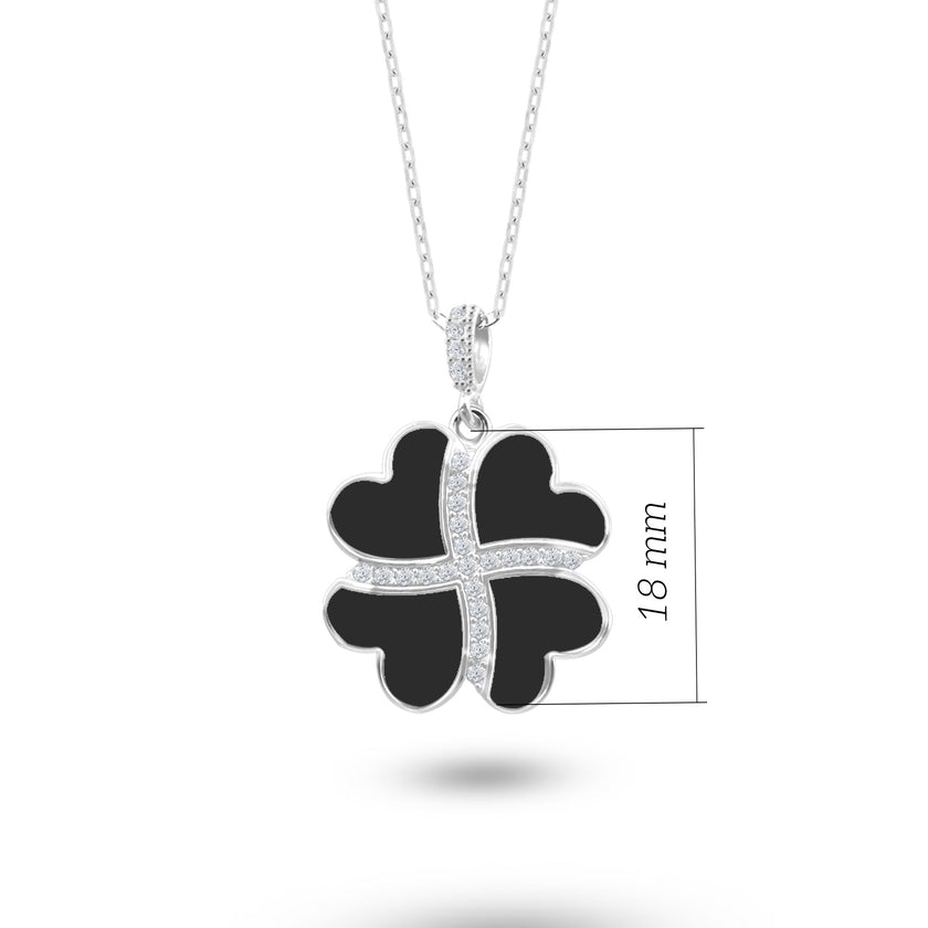 Gümüş Kalp Yonca Kolye, Onyx Taşlı Kolye Ucu, 925 Ayar Gümüş, Şık Takı Hediye, Şans Getiren Tasarım