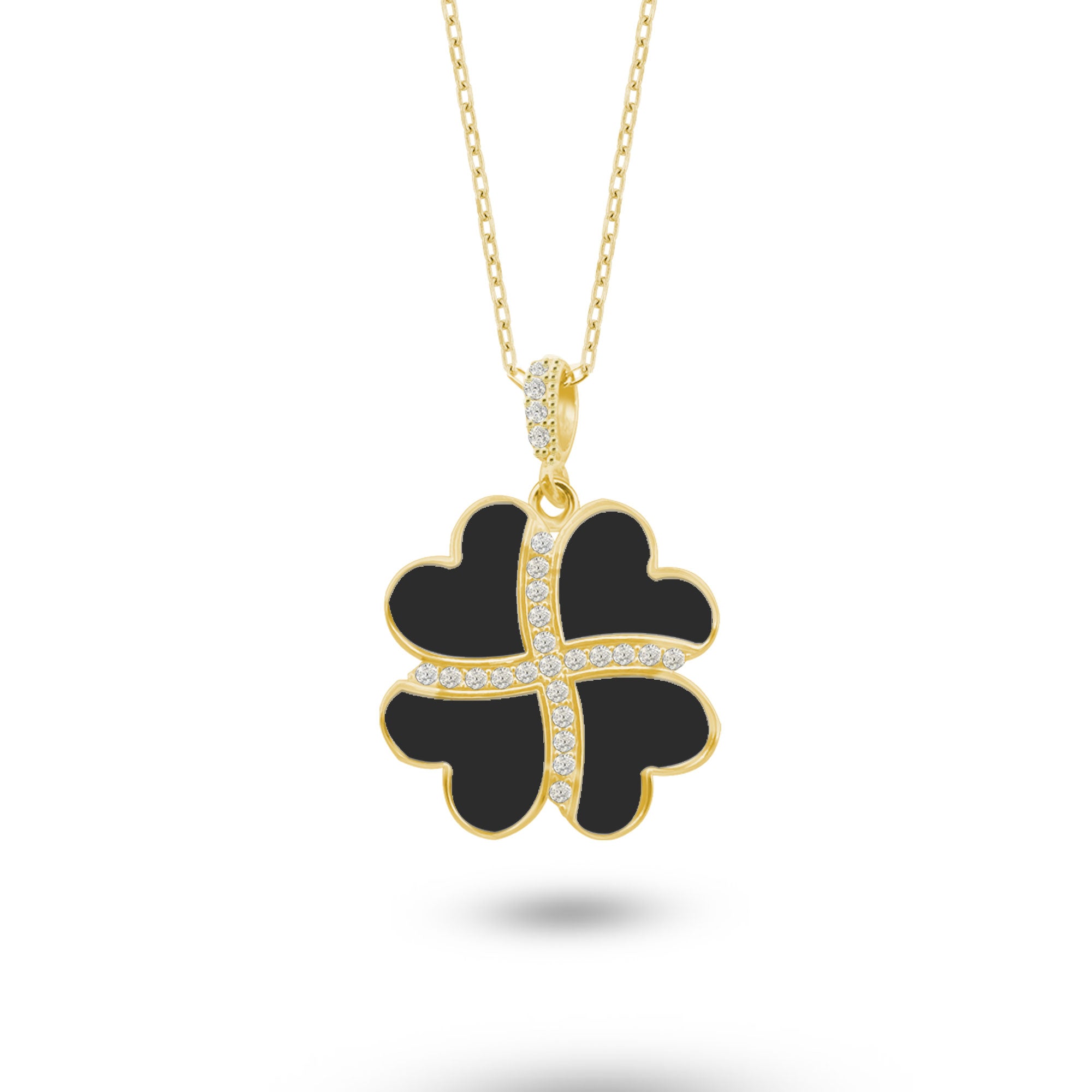 Gümüş Kalp Yonca Kolye, Onyx Taşlı Kolye Ucu, 925 Ayar Gümüş, Şık Takı Hediye, Şans Getiren Tasarım