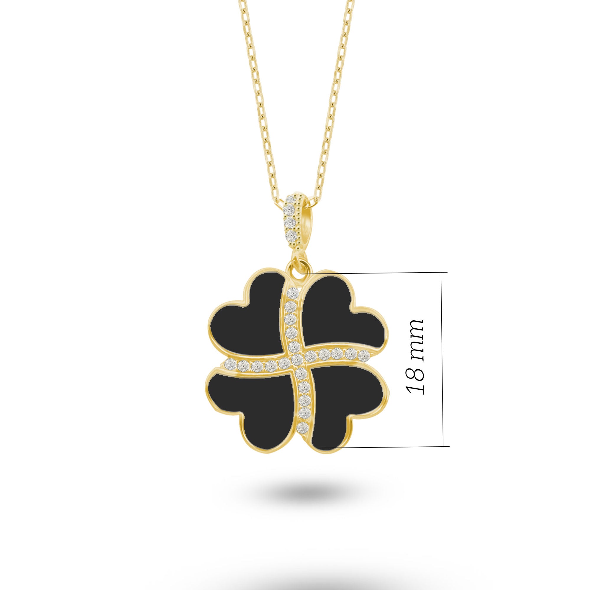 Gümüş Kalp Yonca Kolye, Onyx Taşlı Kolye Ucu, 925 Ayar Gümüş, Şık Takı Hediye, Şans Getiren Tasarım