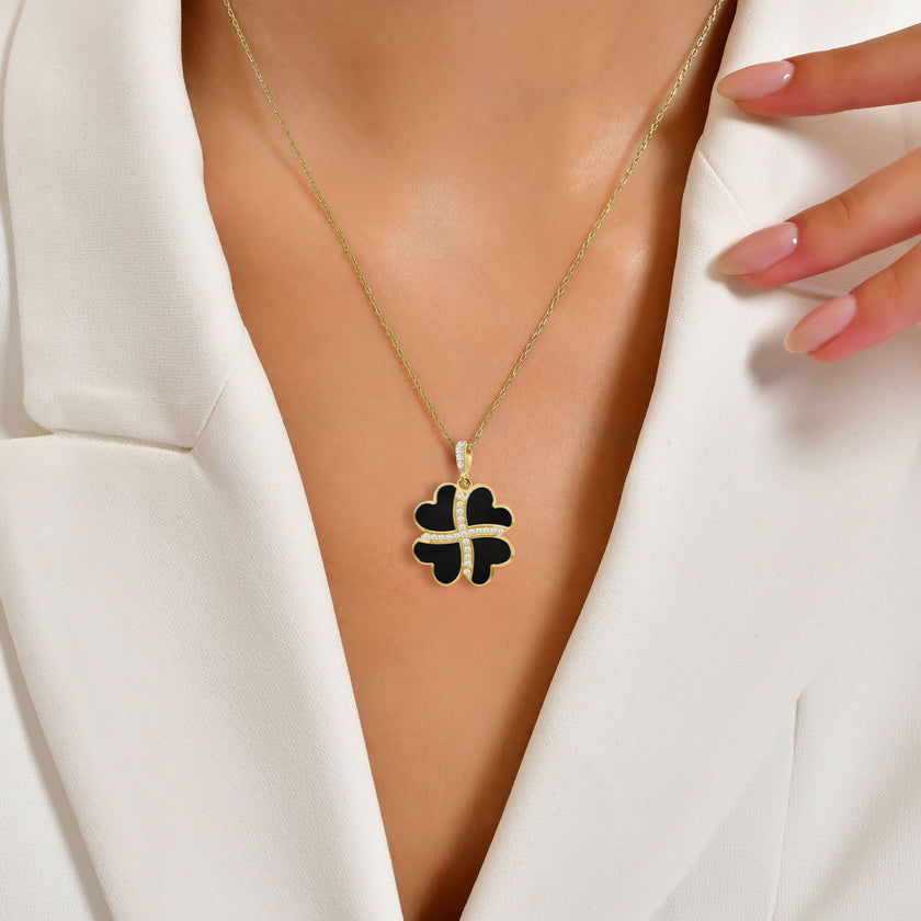 Gümüş Kalp Yonca Kolye, Onyx Taşlı Kolye Ucu, 925 Ayar Gümüş, Şık Takı Hediye, Şans Getiren Tasarım