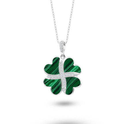 Gümüş Kalp Yonca Kolye, Malahit Taşlı Kolye Ucu, 925 Ayar Gümüş, Şık Takı Hediye, Şans Getiren Tasarım