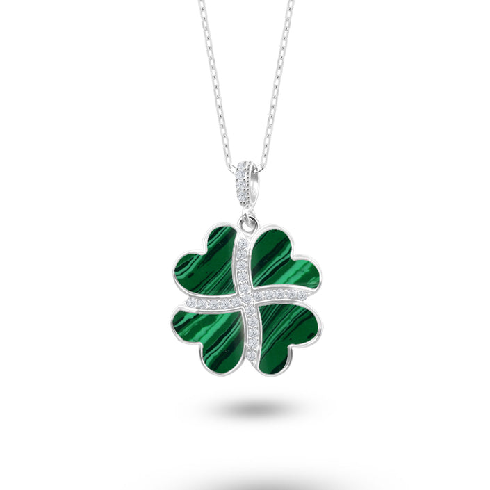 Gümüş Kalp Yonca Kolye, Malahit Taşlı Kolye Ucu, 925 Ayar Gümüş, Şık Takı Hediye, Şans Getiren Tasarım