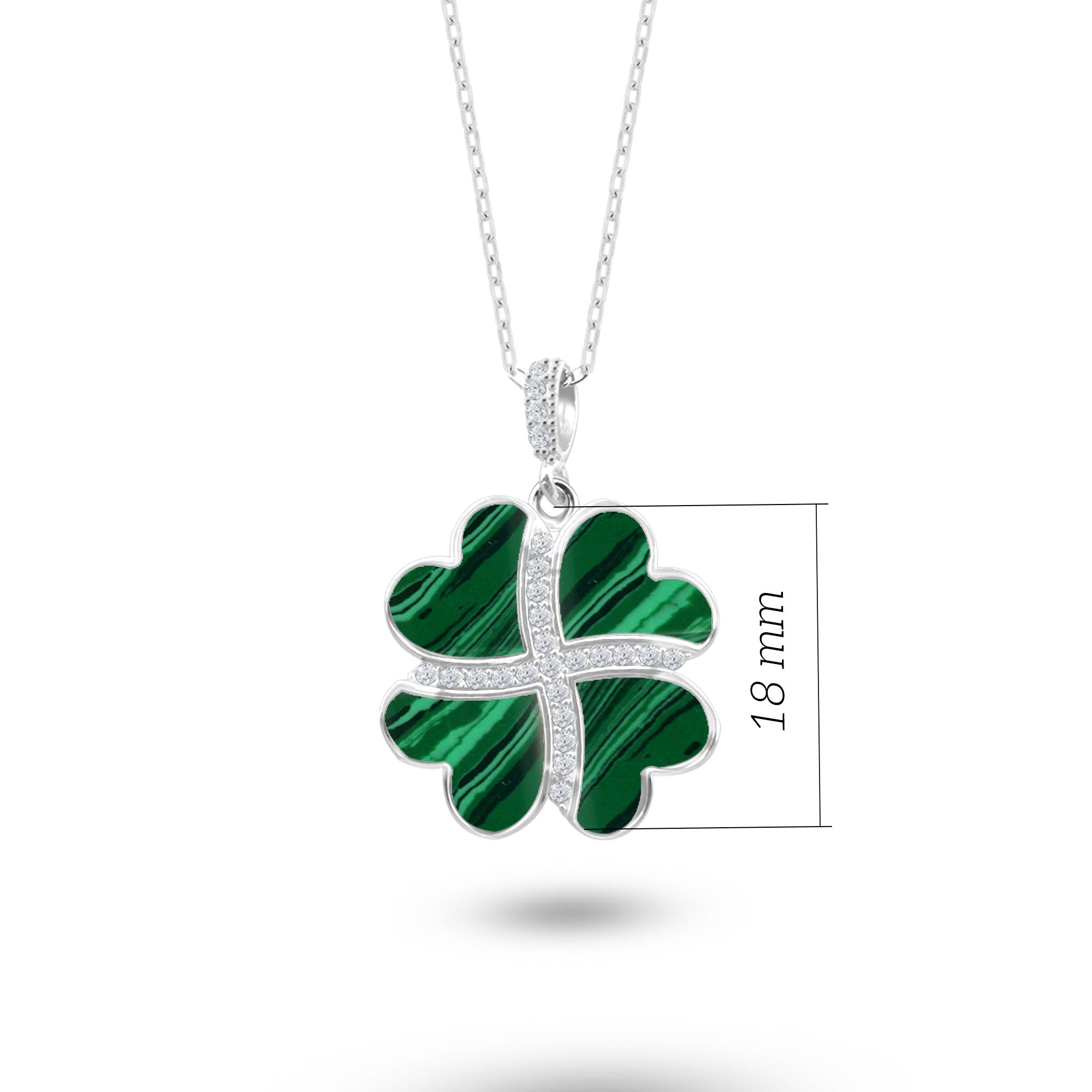 Gümüş Kalp Yonca Kolye, Malahit Taşlı Kolye Ucu, 925 Ayar Gümüş, Şık Takı Hediye, Şans Getiren Tasarım