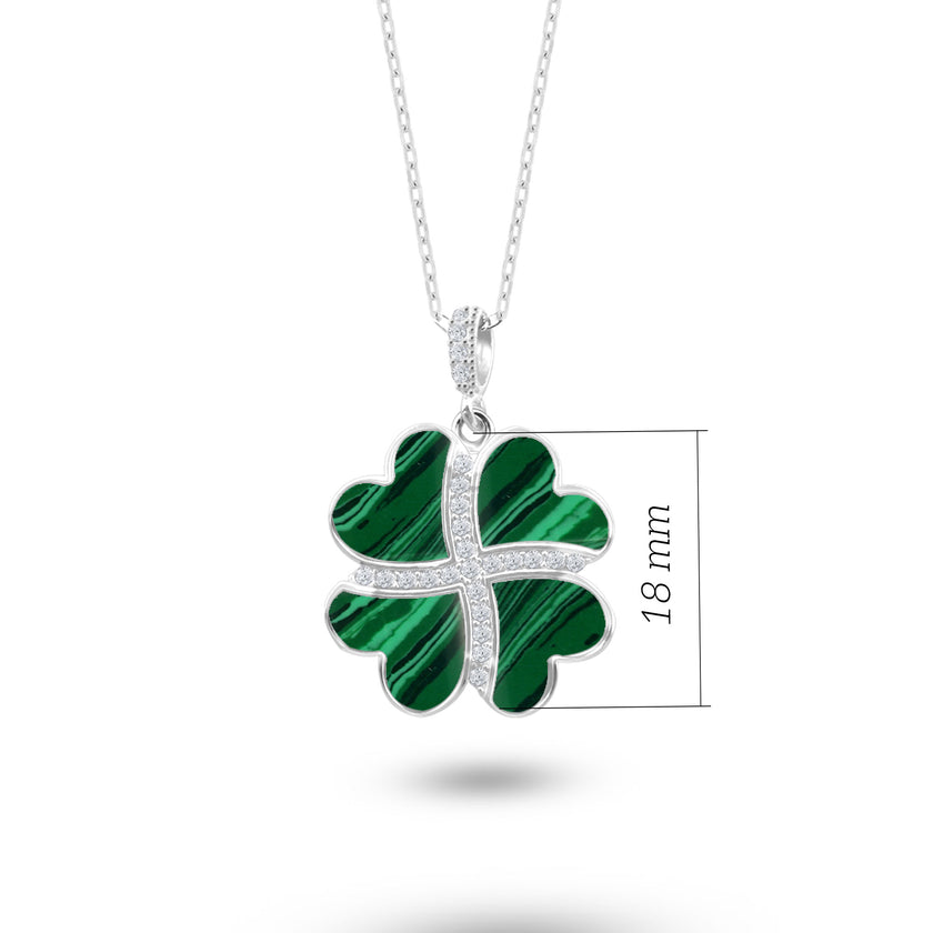 Gümüş Kalp Yonca Kolye, Malahit Taşlı Kolye Ucu, 925 Ayar Gümüş, Şık Takı Hediye, Şans Getiren Tasarım