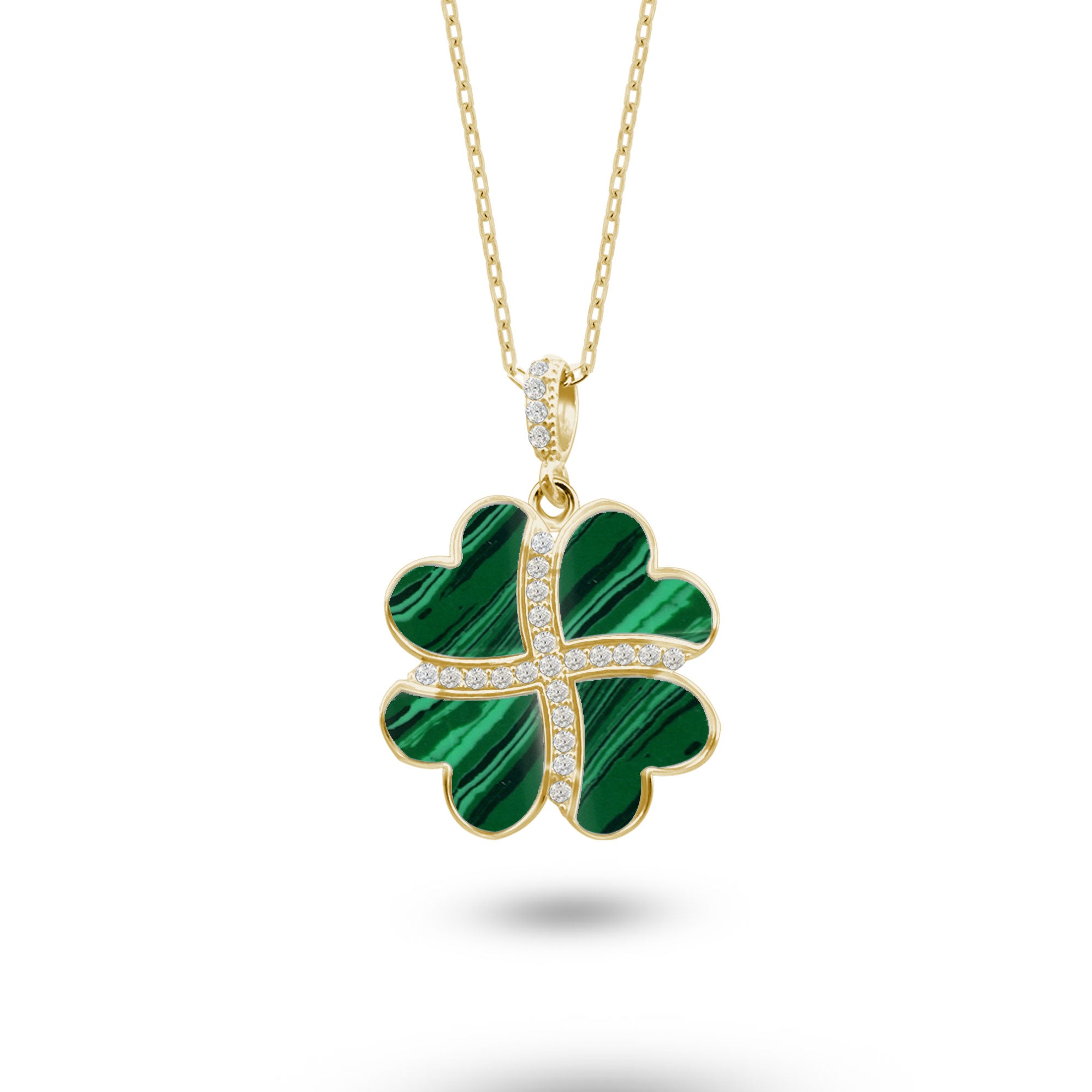 Gümüş Kalp Yonca Kolye, Malahit Taşlı Kolye Ucu, 925 Ayar Gümüş, Şık Takı Hediye, Şans Getiren Tasarım