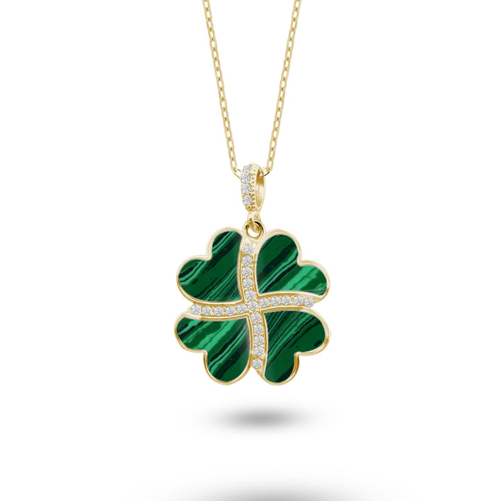 Gümüş Kalp Yonca Kolye, Malahit Taşlı Kolye Ucu, 925 Ayar Gümüş, Şık Takı Hediye, Şans Getiren Tasarım