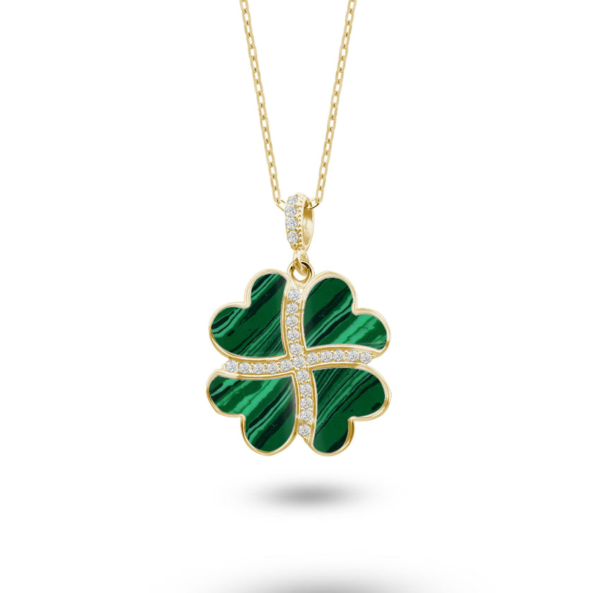 Gümüş Kalp Yonca Kolye, Malahit Taşlı Kolye Ucu, 925 Ayar Gümüş, Şık Takı Hediye, Şans Getiren Tasarım