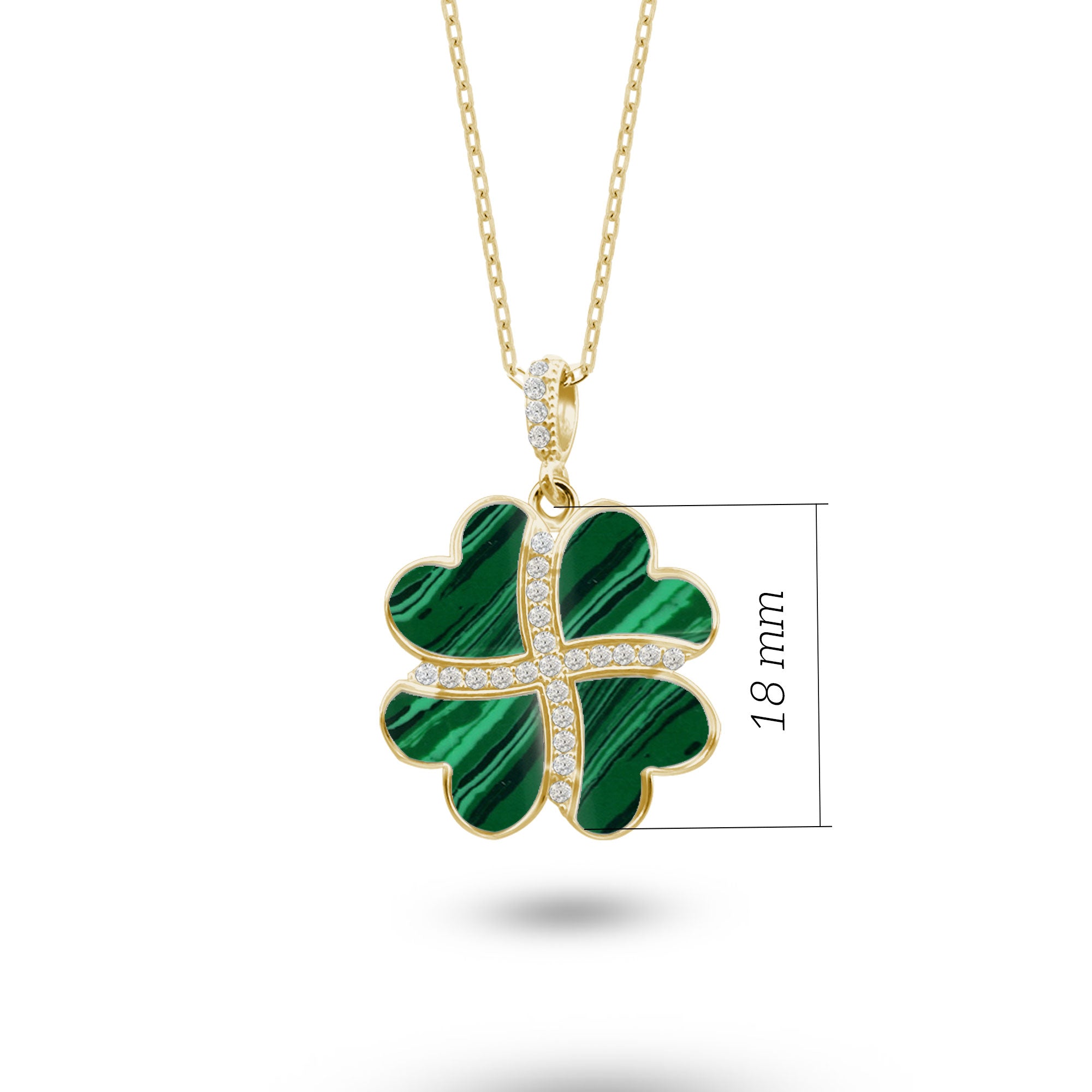 Gümüş Kalp Yonca Kolye, Malahit Taşlı Kolye Ucu, 925 Ayar Gümüş, Şık Takı Hediye, Şans Getiren Tasarım