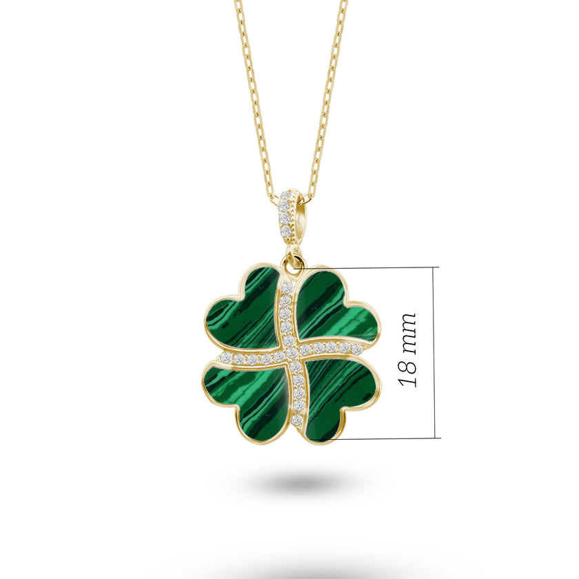 Gümüş Kalp Yonca Kolye, Malahit Taşlı Kolye Ucu, 925 Ayar Gümüş, Şık Takı Hediye, Şans Getiren Tasarım