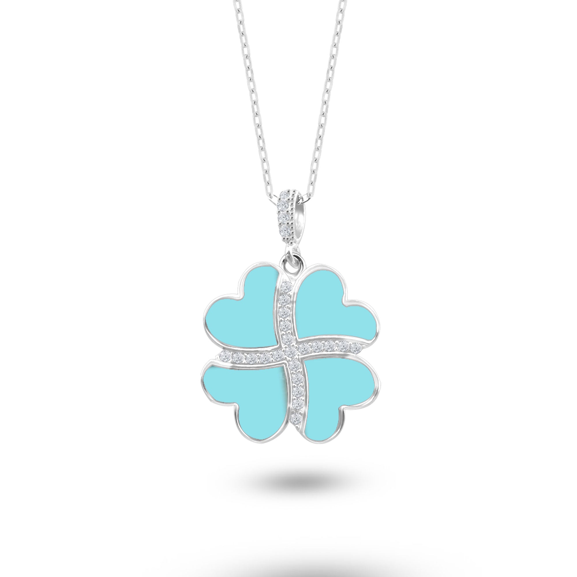 Gümüş Kalp Yonca Kolye, Mavi Turkuaz Taşlı Kolye Ucu, 925 Ayar Gümüş, Şık Takı Hediye, Şans Getiren Tasarım