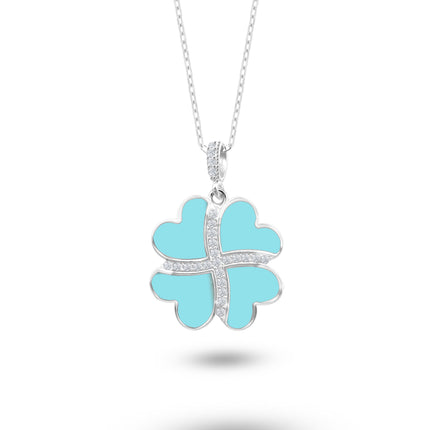 Gümüş Kalp Yonca Kolye, Mavi Turkuaz Taşlı Kolye Ucu, 925 Ayar Gümüş, Şık Takı Hediye, Şans Getiren Tasarım